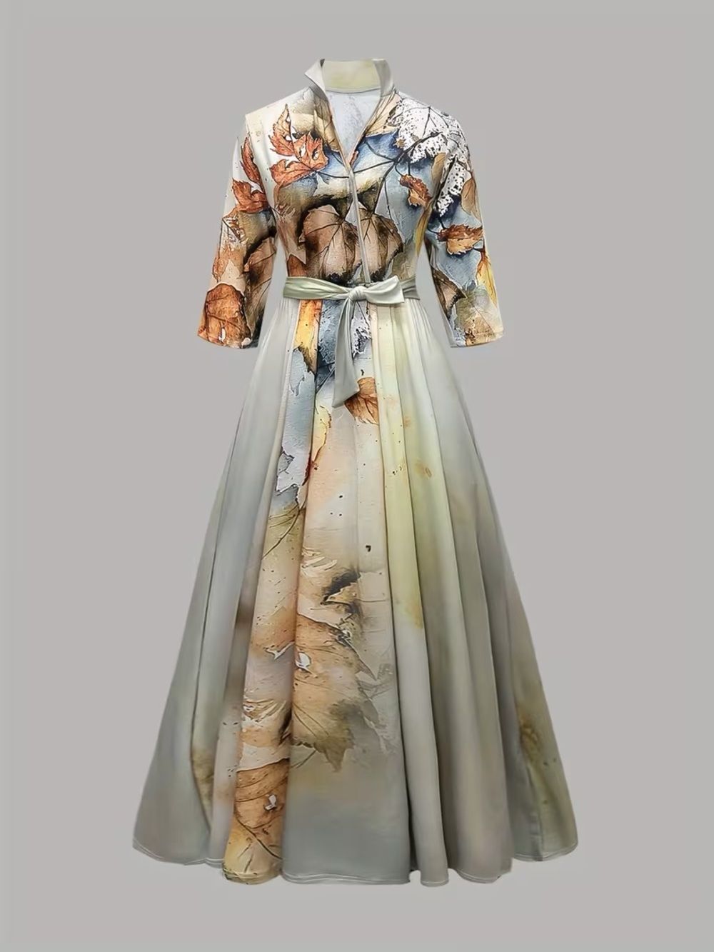 Floral Watercolor Country Collard Maxi Dress with Self-Tie Waist- Small